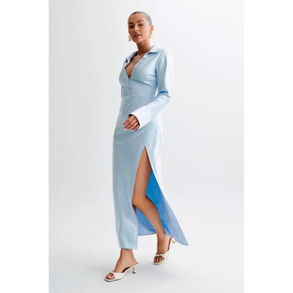 MESHKI Whitley Satin Collared Maxi Dress Ice Blue Long Sleeve Side Slit Size S
